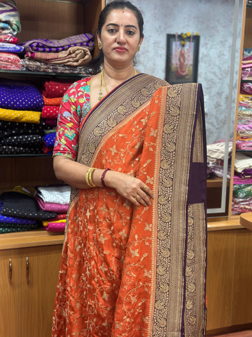 Rust orange with brown pure crepe Banaras silk sarees, silk mark certified