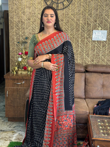 Black with red Ajrak modal silk sarees.