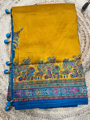 Mustard with blue pashmina prints