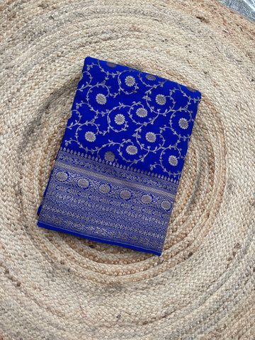 Royal blue pure jaal pattern crepe Banaras sarees