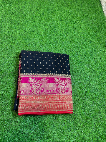 Black and orange pink pure crepe Banaras 3D pattern.