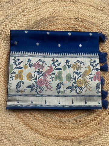 Peacock blue pure Paithani tusser silk