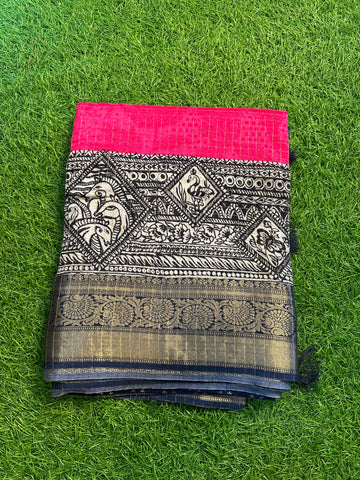 Staberry pink with navy blue dola crepe kalamkari.