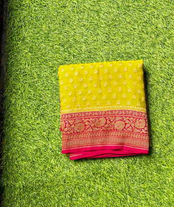 Pure khaddi georgette,Lemon yellow with pink.