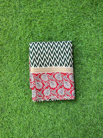 Green with red kalamkari mulmul cotton sarees.