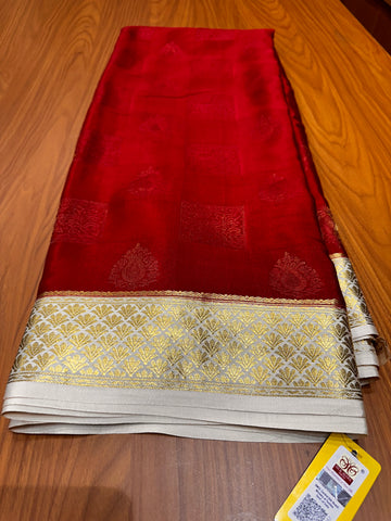 Red with cream border, pure crepe Mysore Silk 120 gsm
