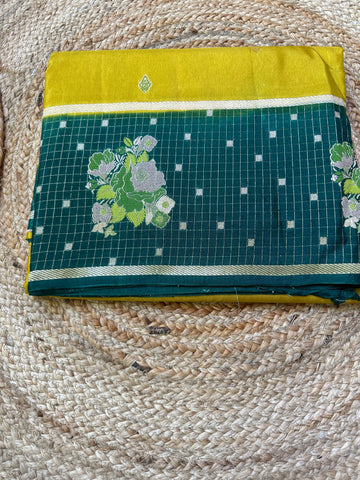 Mustard with green dola silk checks border.
