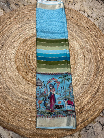 Blue semi crepe digital kalamkari with ragkat design.