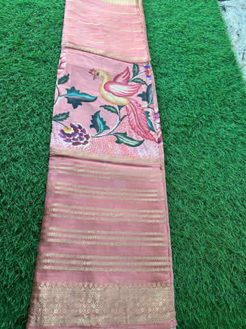Peach kalamkari horizontal stripes semi crepe.