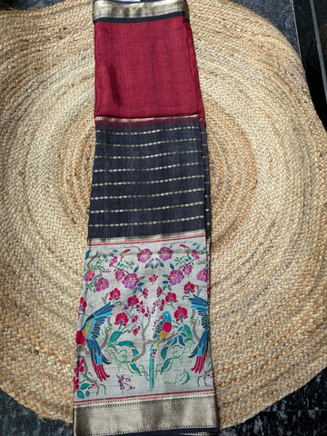 Black and maroon Semi crepe kalamkari