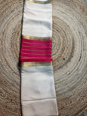 Pink and white central line pure Mysore Silk crepe 100 gsm
