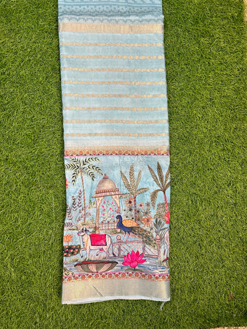 Sea blue semi crepe digital kalamkari prints.