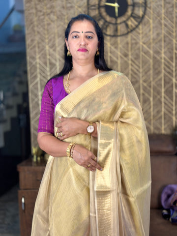 Pure tusser golden tissue sarees.with sequins work.