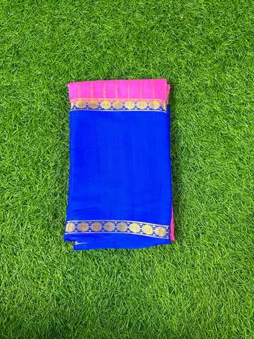 Baby pink with royal blue wrinkle crepe saree with out blouse.