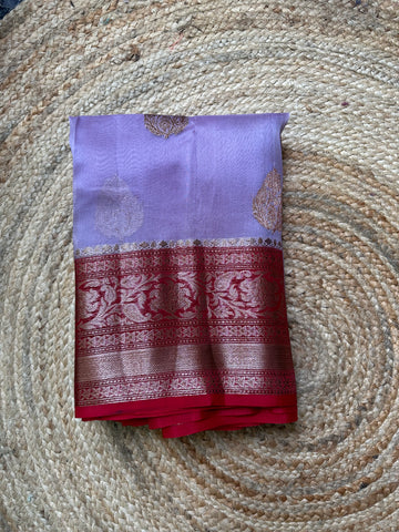 Lavender and red pure Kora organza silk sarees.