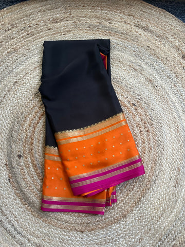 Black and orange and pink pure crepe Mysore Silk sarees 100 gsm