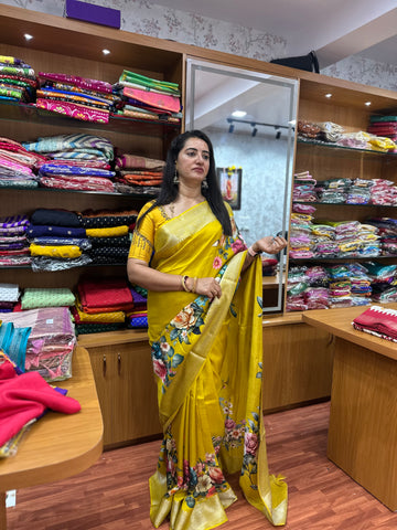 Yellow printed dola silk sarees