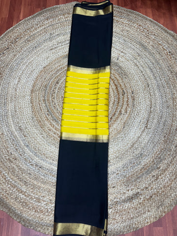 Yellow and black pure crepe Mysore Silk sarees 110 gsm