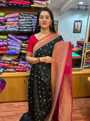 Black and red pure crepe Banaras 3D pattern with brocade blouse