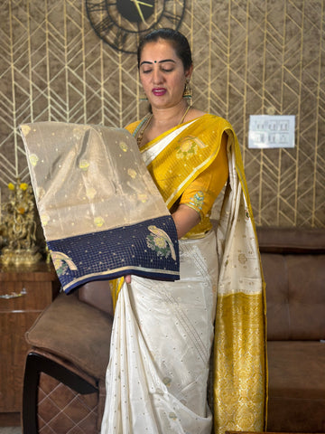 Beige with navy blue dola silk.