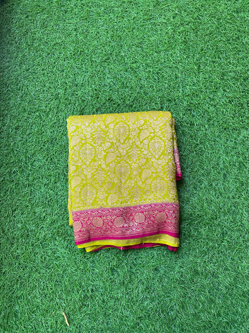 Green and pink pure brocade crepe Banaras handloom silk sarees.