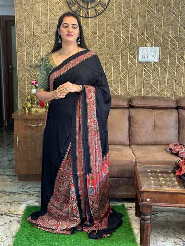 Black with red Ajrak prints pure modal silk sarees.