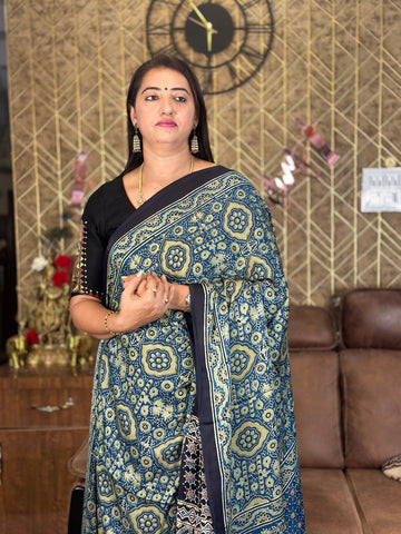 Peacock green pure modal silk with Ajrak prints.