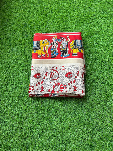 Red and white casual Malmal kalamkari crepe