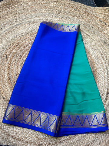 Royal blue with green half and half pure Mysore Silk crepe. 120 gsm