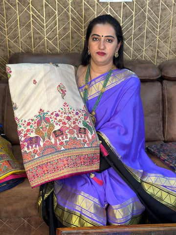 Cream with pink pure moonga crepe Kashmiri work.