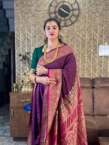 Wine with pink pure crepe Banaras silk handloom saree.