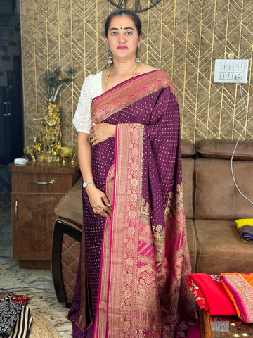 Wine and pink pure crepe Banaras silk sarees. With brocade blouse.