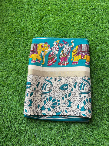 Blue and baje kalamkari malmal kalamkari crepe