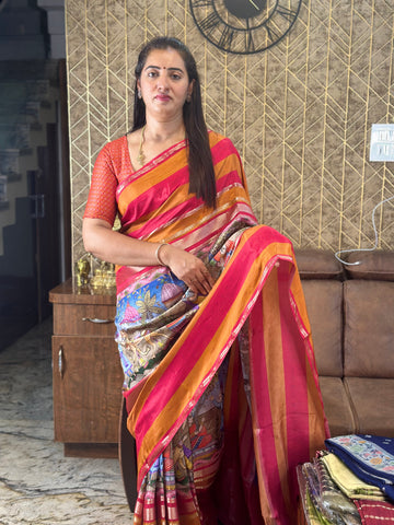 Red and orange semi crepe digital kalamkari prints.
