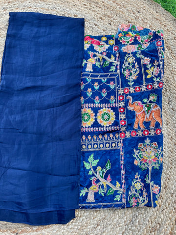 Deep blue pure crepe plain sarees with brocade blouse