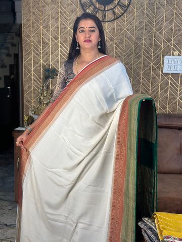 3D white green and red pure crepe Banaras saree.