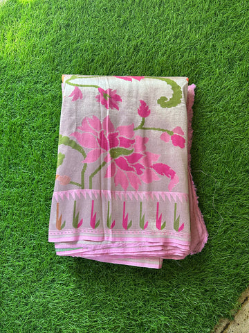 Pastel pink pure tusser tissue georgette with Paithani weaving muniya border.