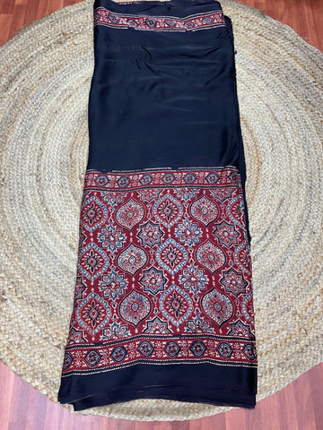 Black and maroon pure Ajrak modal silk half and half pattern