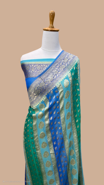 Blue and green Pure khaddi Georgette hand brush water zari