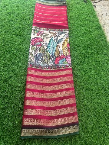Red with green kalamkari horizontal stripes.