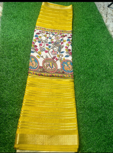 Yellow with white digital kalamkari crepe with horizontal stripes.