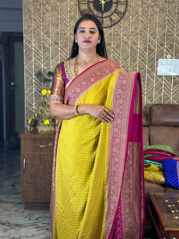 Yellow and pink pure crepe Banaras silk sarees.