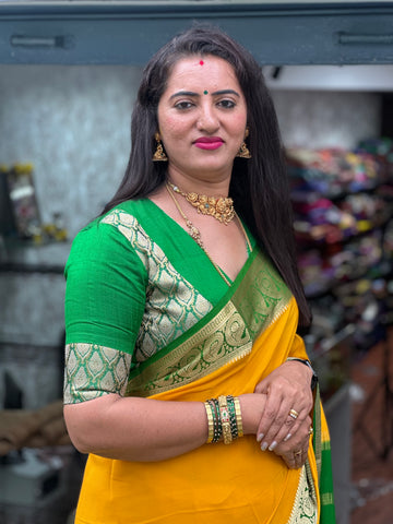 Green pure Raw silk with Banarasi ready blouse sizes L to XL