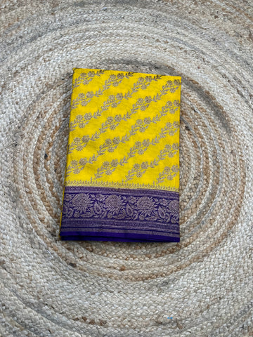 Yellow and purple crepe chiffon sarees.