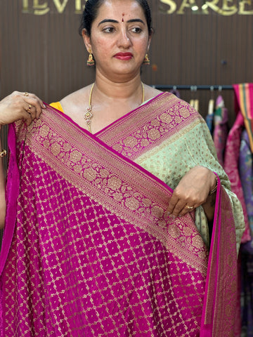 Cream and pink,pure crepe Banaras silk sarees.