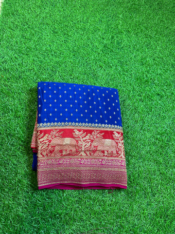 Royal blue and red pink pure crepe Banaras 3D pattern.