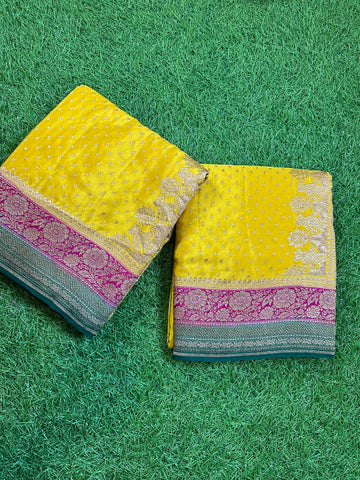 Mustard green and pink pure crepe Banaras 3D pattern.