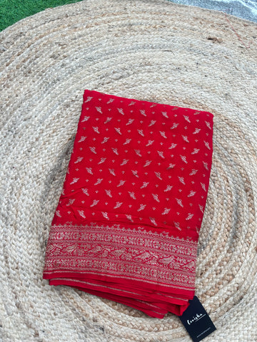 Red pure crepe Banaras sarees with brocade jaal blouse
