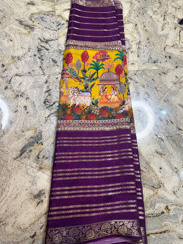 Wine mustard Semi digital kalamkari crepe.