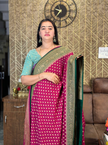 Strawberry pink and green, pure khaddi Georgette sarees.